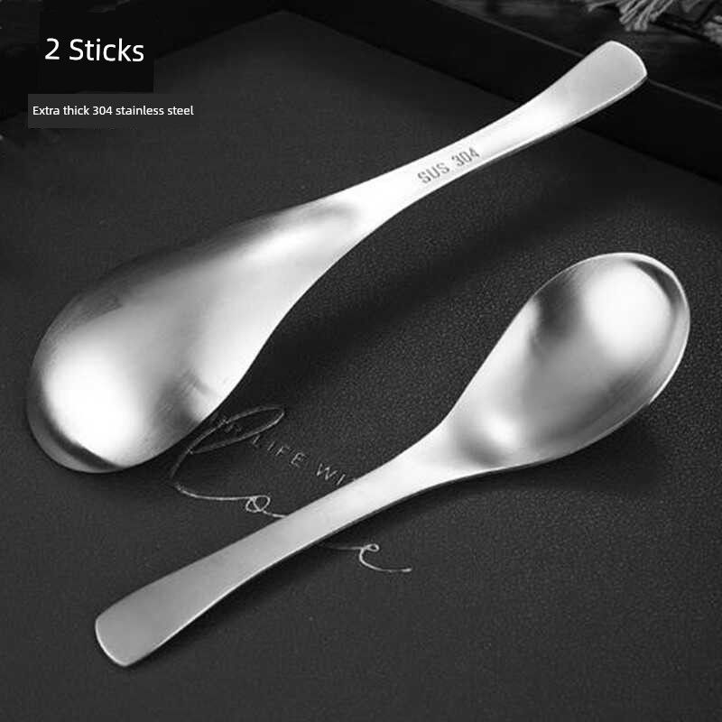 2 Thickened Brushed 304 Stainless Steel Spoons for Home Use, Children's Eating Spoons, Soup Spoons, Long Handle, Deepened Round Head Spoons
