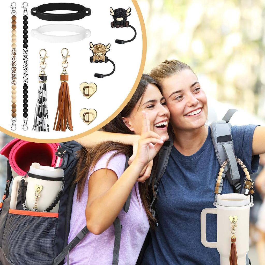 Tondiamo 2 Set Highland Cow Cup Accessories Set Compatible with Stanley Tumbler Include Silicone Beaded Bottle Strap Leather Tassel Charm Cow Rubber