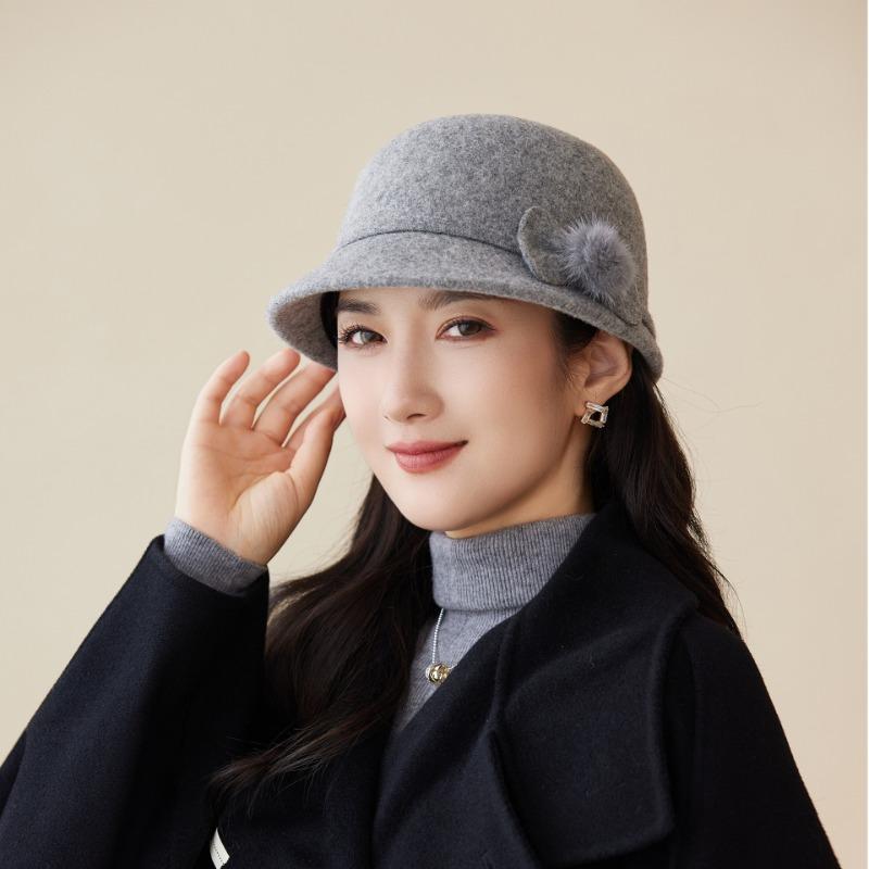 

Wool short brim bucket hat ladies autumn and winter thermal hat British elegant basin hat M（56-58cm）