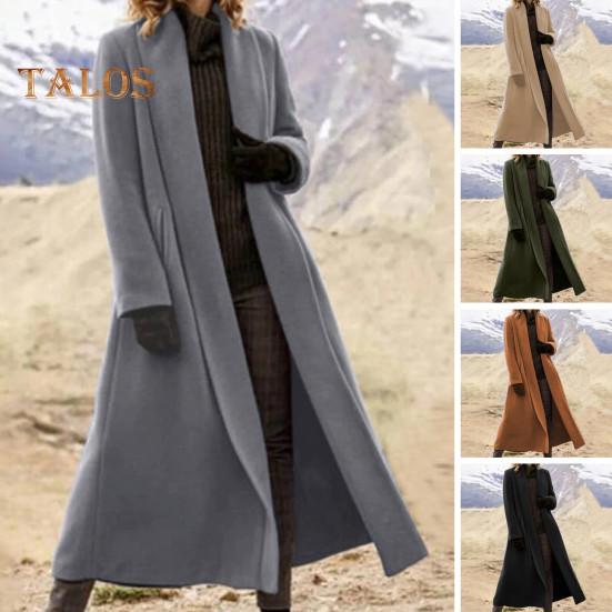 Women Winter Overcoat Open Stitch Turn-down Collar Long Sleeves Windbreaker Loose Cardigan Calf Length Outdoor Woolen Coat