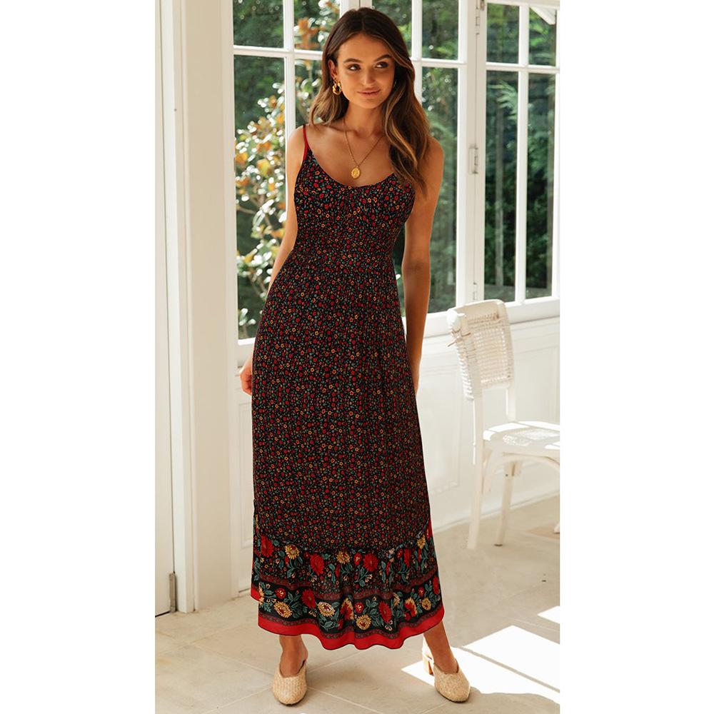2026 Summer Bohemian V-Neck Floral Spaghetti Strap Maxi Dress for Women