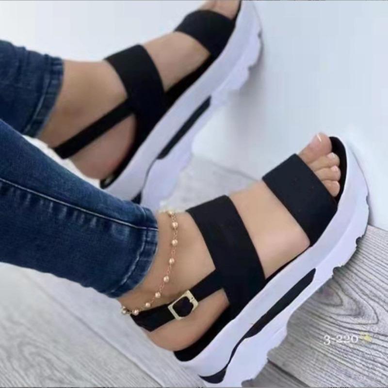Summer New Large-size Women's Shoes Wide-sided One-word Buckle with Thick-soled Wedge Heel Fish Mouth Sandals Women