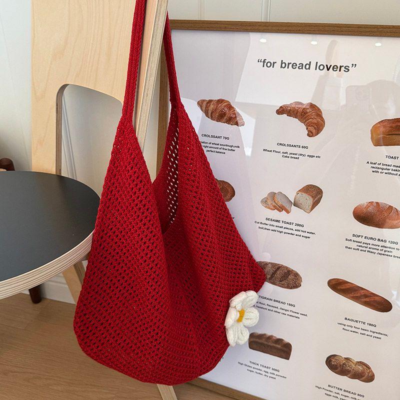 

Summer New Large Capacity Woven Bag Seaside Vacation Flower Knitted Beach Bag Fashion One Shoulder Commuter Tote Bag Red