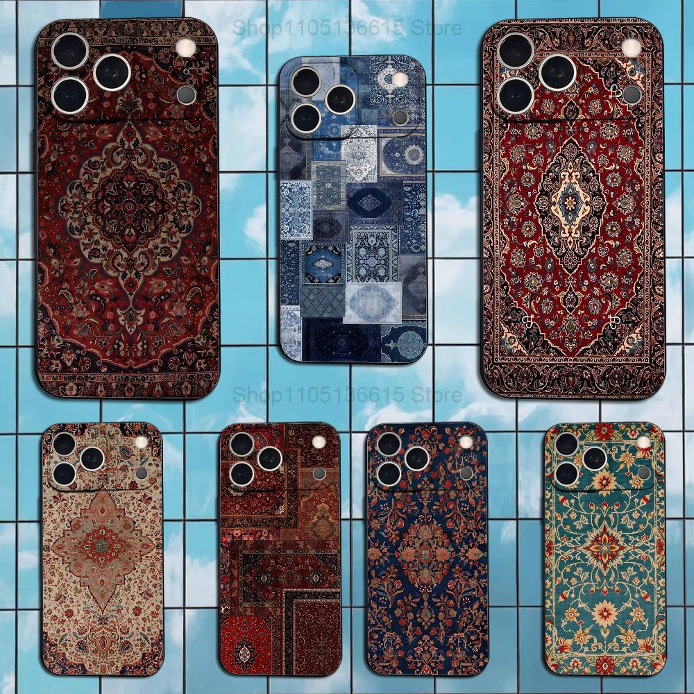 Persian Carpet Floral Pattern Case For iPhone 15,17,16,12,14,13,11,Plus,Pro Max,XS,X,Mini,8,7,XR,SE,Soft Silicone Black