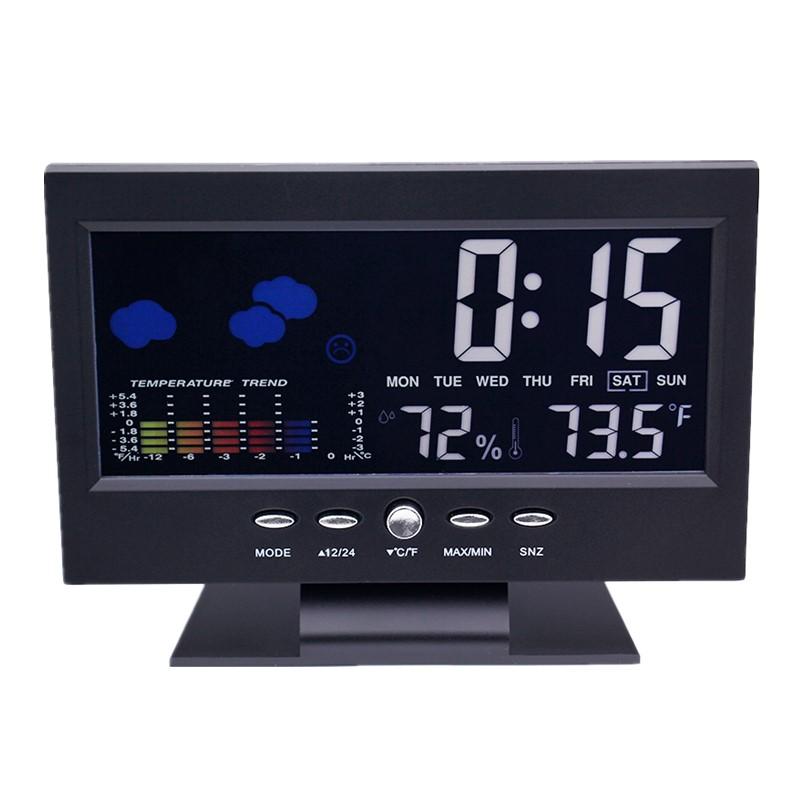Multifunctional Weather Clock LCD Thermometer Hygrometer Alarm Clock Calendar Voice-activated Backlight Temp&Humidity Mete