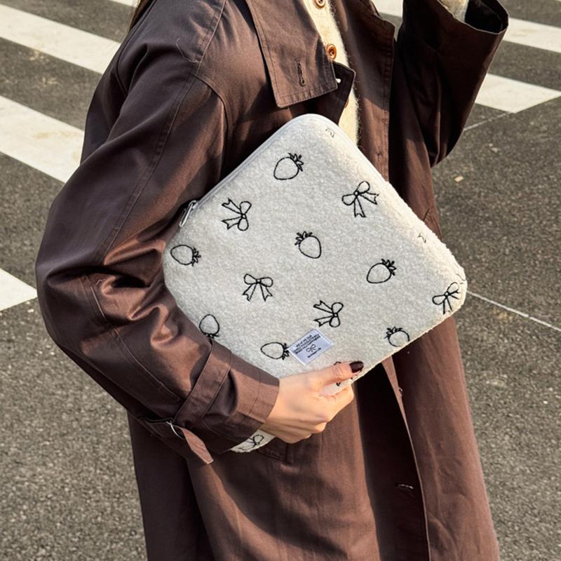 Plush Bow Strawberry Laptop Sleeve Case 13/14 Inch Notebook Bag For Macbook Air Pro Lenovo Hp 11 Inch Tablet Pouch For Ipad