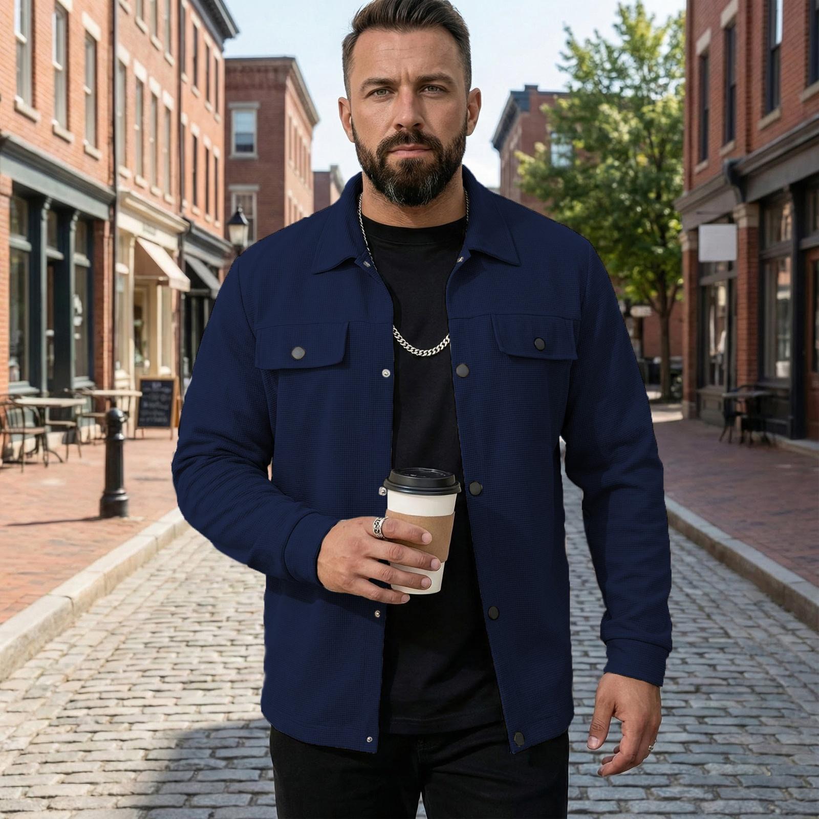 

Stylish Men s Casual Jacket, Color, Faux Pockets, Buttoned Collar XL Темно-синій