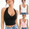 Damen Neckholder Ärmelloses Tanktop Verdrehte Vorderseite Tiefes V-Ausschnitt Schmale Passform Einfarbig Kurz Lässig Sommer Crop Bluse
