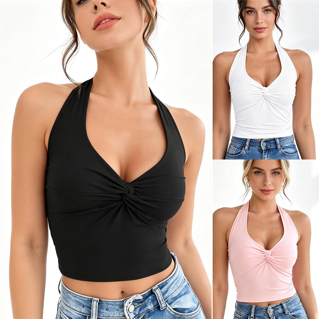 Damen Neckholder Ärmelloses Tanktop Verdrehte Vorderseite Tiefes V-Ausschnitt Schmale Passform Einfarbig Kurz Lässig Sommer Crop Bluse