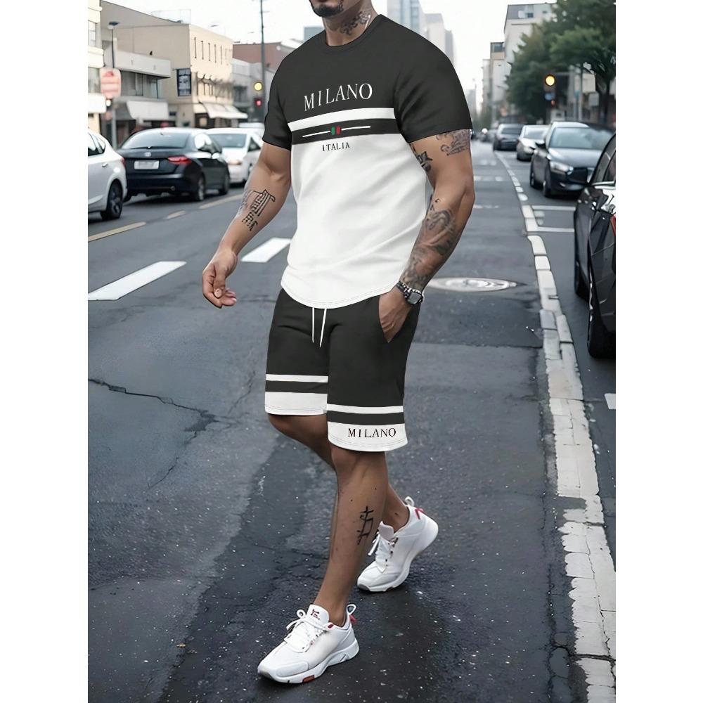 Conjunto de 2 Piezas para Hombre de Verano Camiseta de Manga Corta con Estampado de Letras y Rayas Shorts con Cordón Oversize Holgado Cuello Redondo