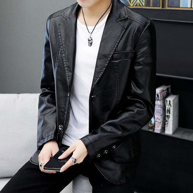 

Мужская кожаная куртка с толстыми лацканами — тонкий корейский стиль, повседневный воротник, модный бархат для осени/зимы 3XL fits 165-180 lbs