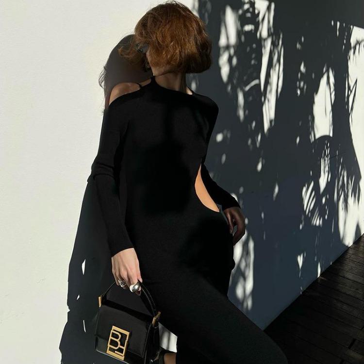 Elegante Vestido Midi Sexy sin Espalda con Aberturas de Manga Larga para Fiesta Club para Primavera Verano Caluroso