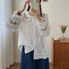 Embroidery Lace Doll Collar Shirt Women Spring Autumn Loose Casual Tie Tops