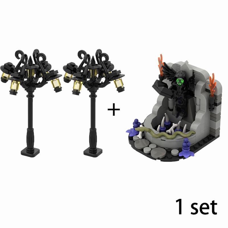 MOC Steine Mittelalter Alchemie Raum Küche Zauberer Trank Bausteine Teufelsquelle Schloss Straßenlaterne Hexen Figuren Szene Schädel