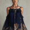 Mini Abito da Donna Scollato sulle Spalle a Manica Lunga con Stampa Floreale Vestibilità Ampia Vita Elastica Casual Abito in Chiffon