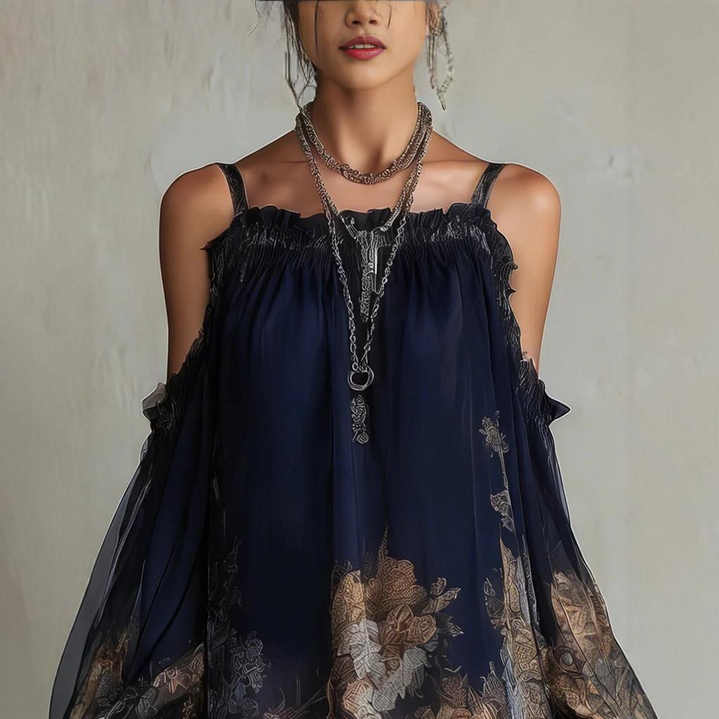 Mini Abito da Donna Scollato sulle Spalle a Manica Lunga con Stampa Floreale Vestibilità Ampia Vita Elastica Casual Abito in Chiffon
