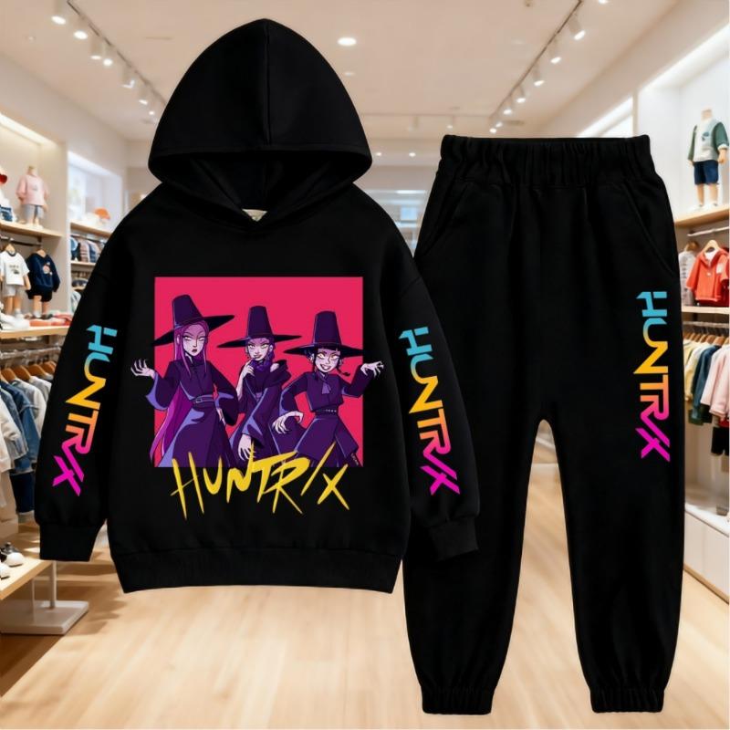 KPop Demon Hunters Printing Hoodies Sets Kids Clothes Children Hoodie+pants Suitable 3-12 Years Boys Girls Pink Black Sweatshirt