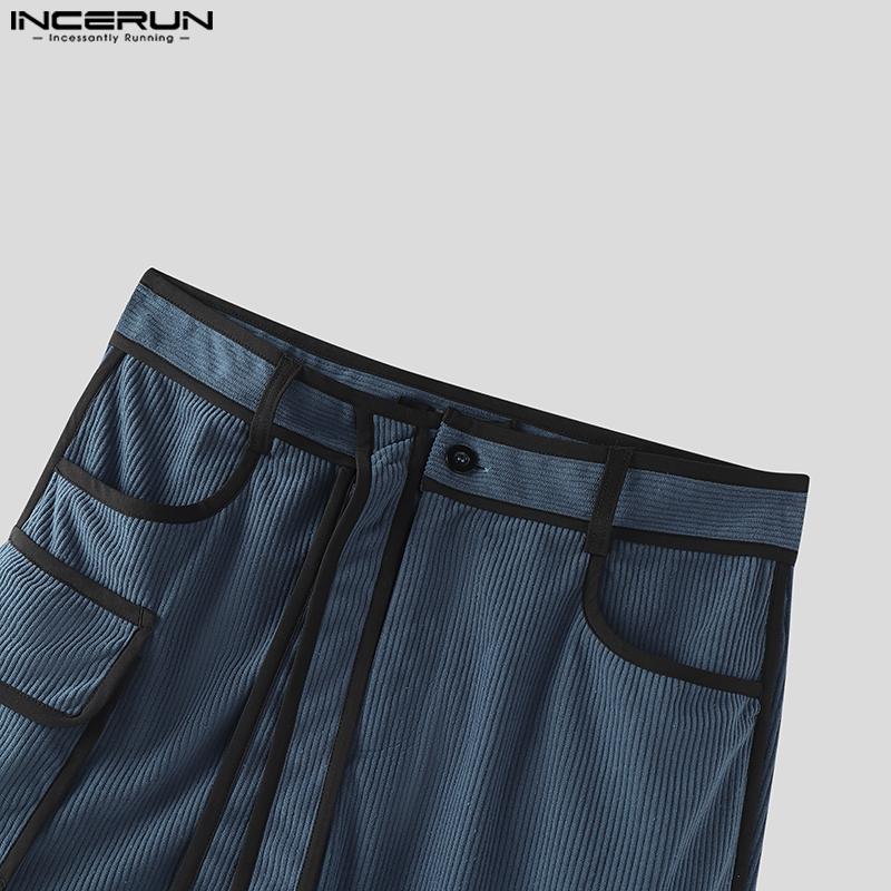 INCERUN Men Zip-up Waist Stitching Belt Corduroy Casual Long Harem Pants Trousers 