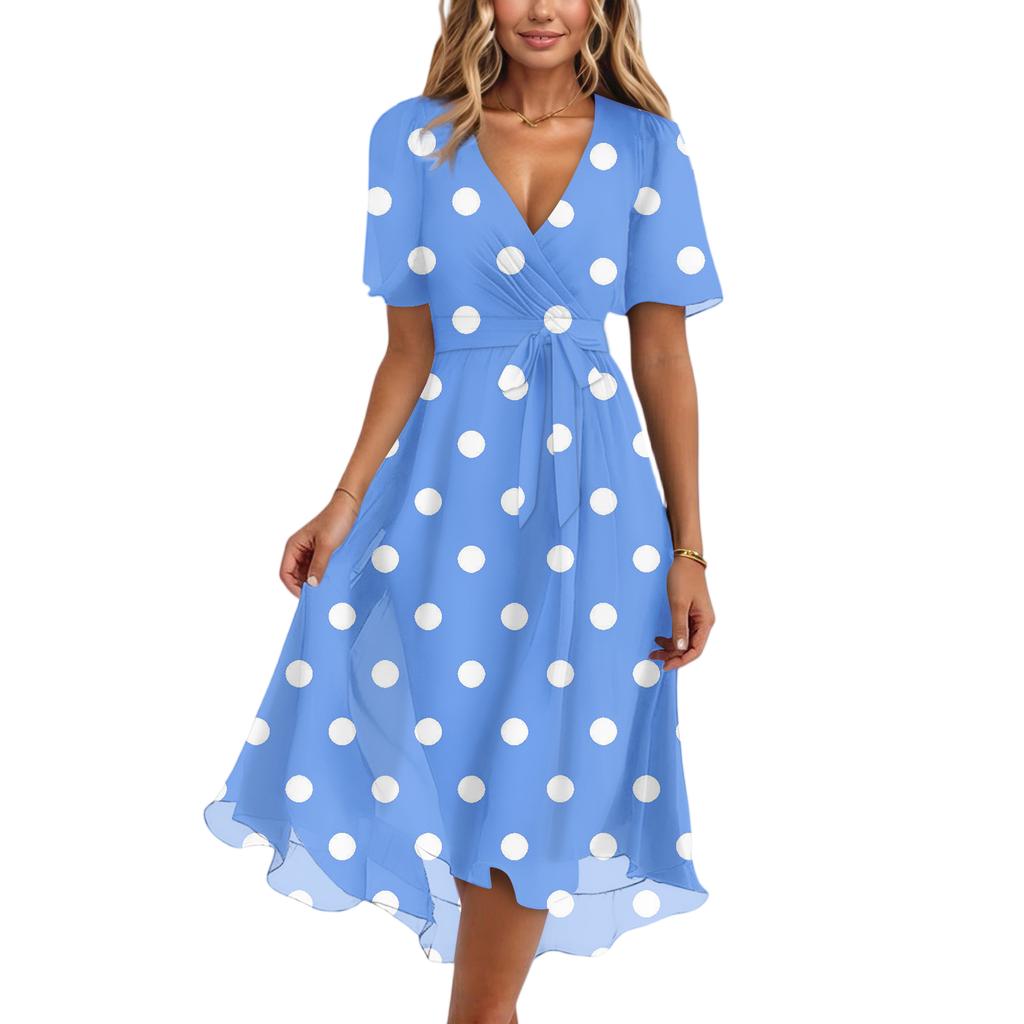 Women's Fashion Casual V Neck Short Sleeve Ruffled Vintage Printed Dresses