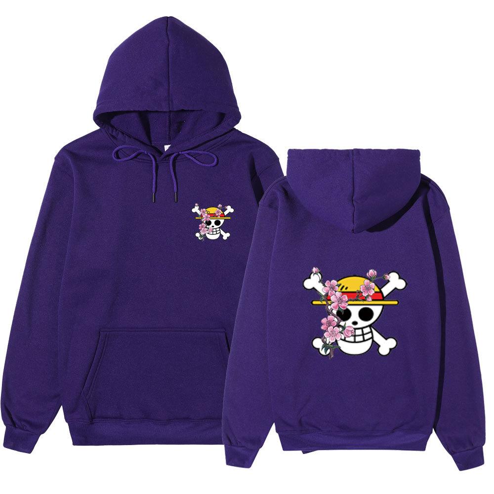 Anime One Piece Straw Hat Pirates Cherry Blossom Hoodie, Front Back Double Sided Print Pullover Sweatshirt for Men Women