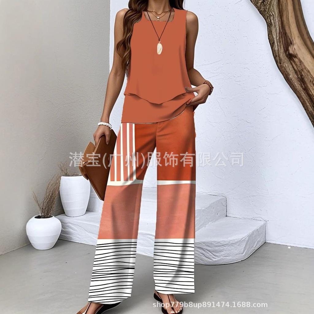 New European and American women's clothing spot explosion sleeveless casual double-layer vest plus pants set two-piece set