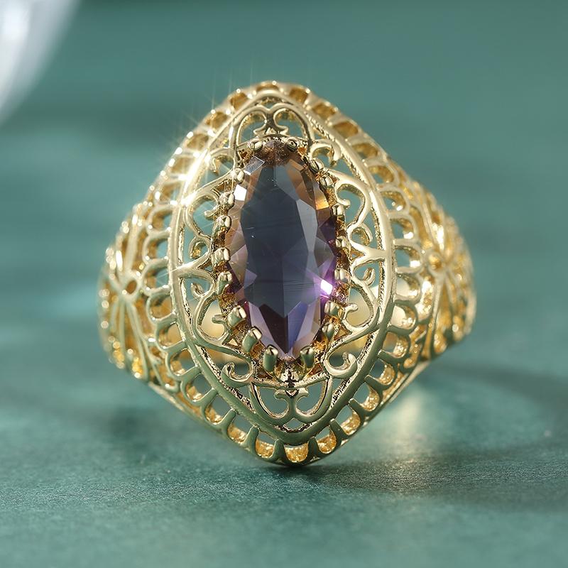 Vintage Inlaid Purple CZ Women's Ring Exquisite Gold Color Geometry Daily Wear Party Jewelry Anniversary Gift