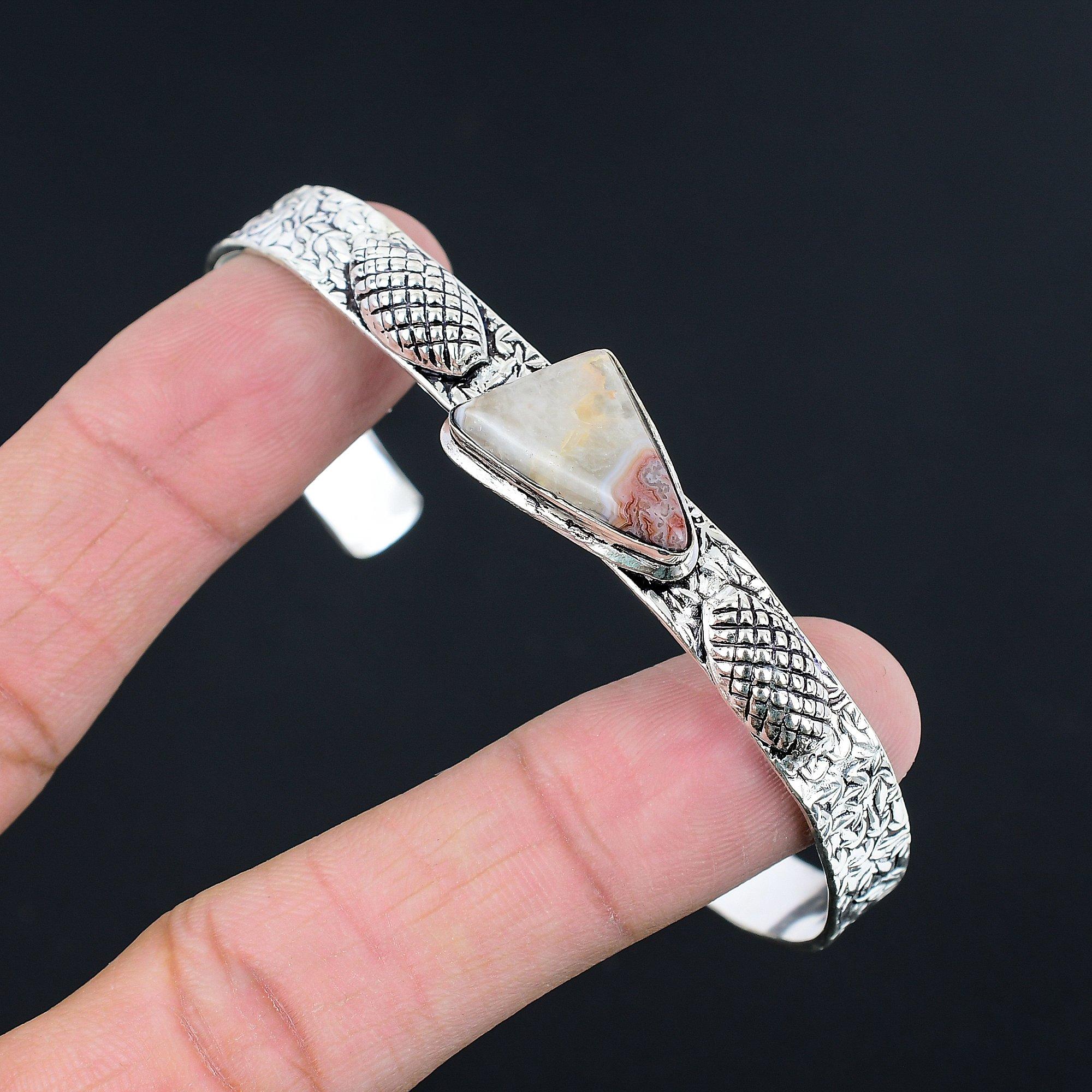 Daughters Day Sale Sterling Silver Natural Laguna Lace Agate Wife Wedding Bangle Adjustable