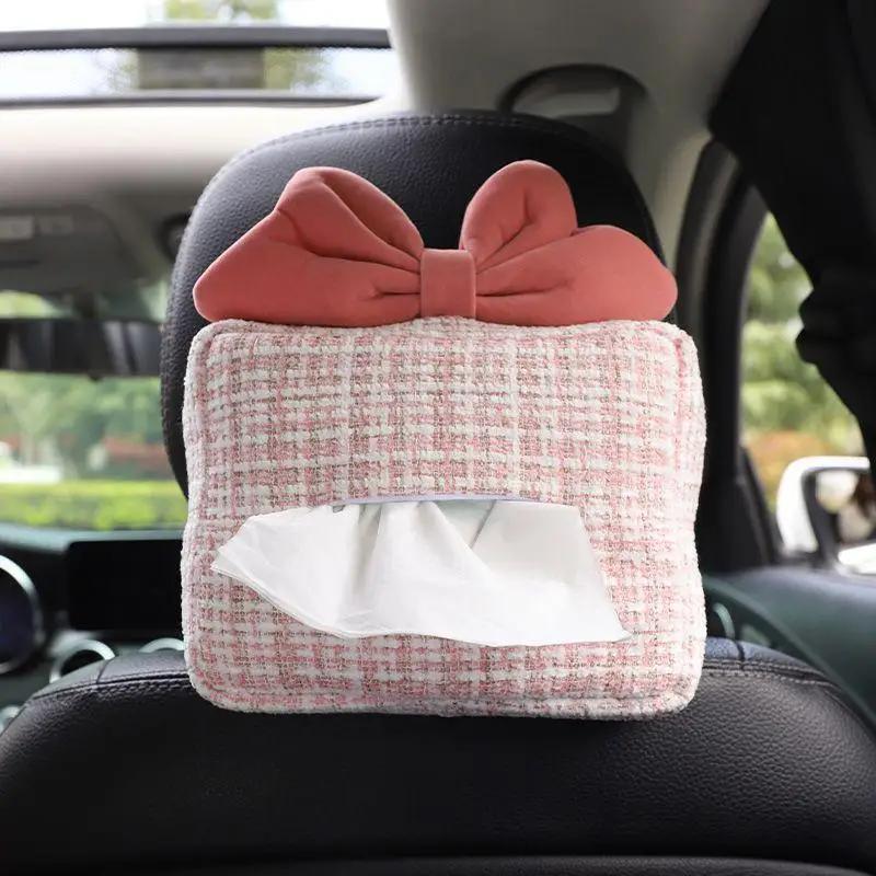 New Cute Cartoon Bowknot Car Tissue Box Female Car Seat Back Armrest Paper Box Seatbelt Cover Interior Decoration Supplies