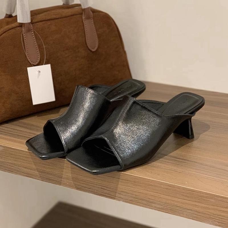 Fashion SUOJIALUN 2025 Summer New Brand Women Slipper Fashion Square Toe Slip On Slides Square High Heel Outdoor Dress Sandal Shoes