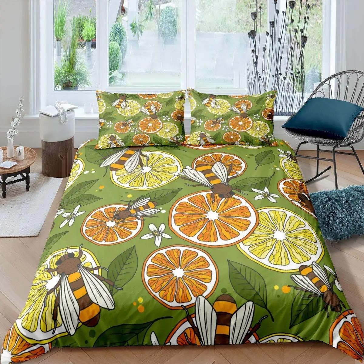 

Покрывало Nature, ветки лимонного дерева, садовый дизайн, декоративный стеганый комплект из 3 предметов покрывала с 2 наволочками, полный размер EU Single 135x200cm