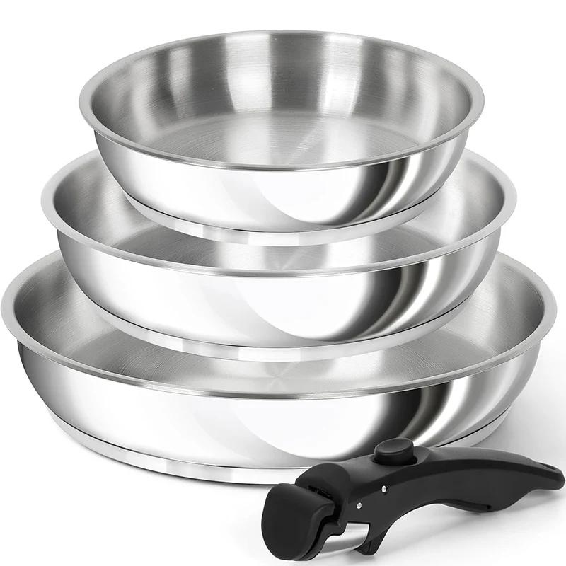 MICHELANGELO Stainless Steel Frying Pan Set 8" & 9.5" & 11" Kitchen Cooking Pans with Removable Handle Induction Compatible