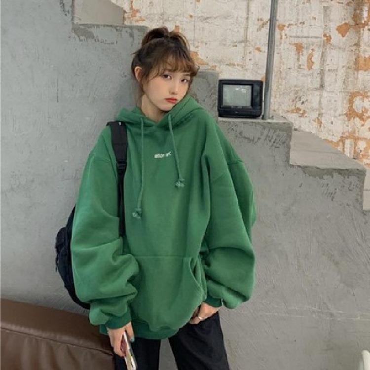 Autumn Winter Velvet Hooded Oversized Hoodie Women Loose Top Letter Print for Student Ladies