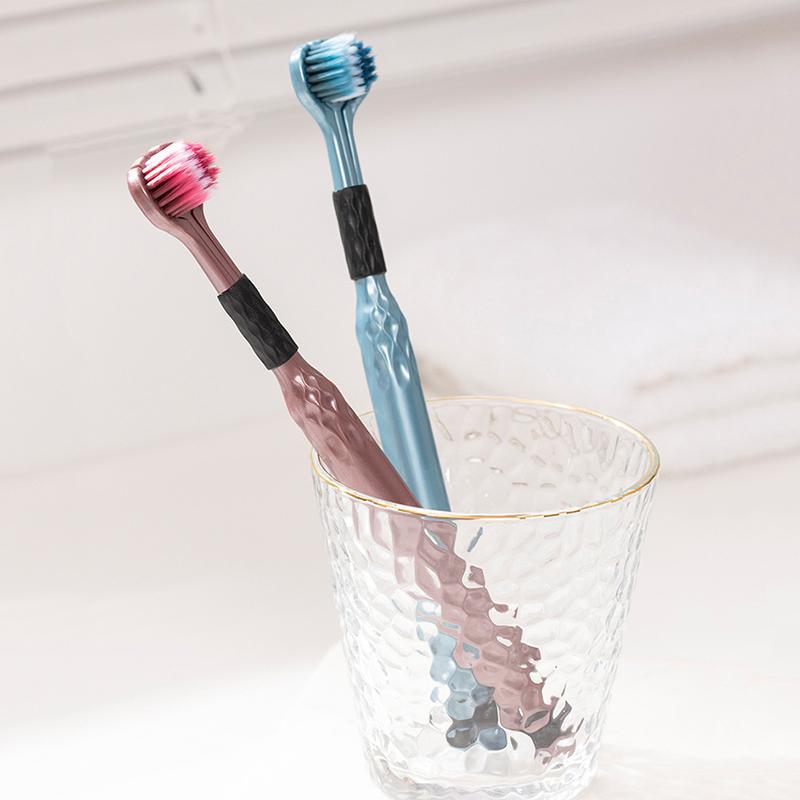 Soft Bristle 3D Triple Head Toothbrush For Adults With Tongue Scraper Home Care Manual Brush