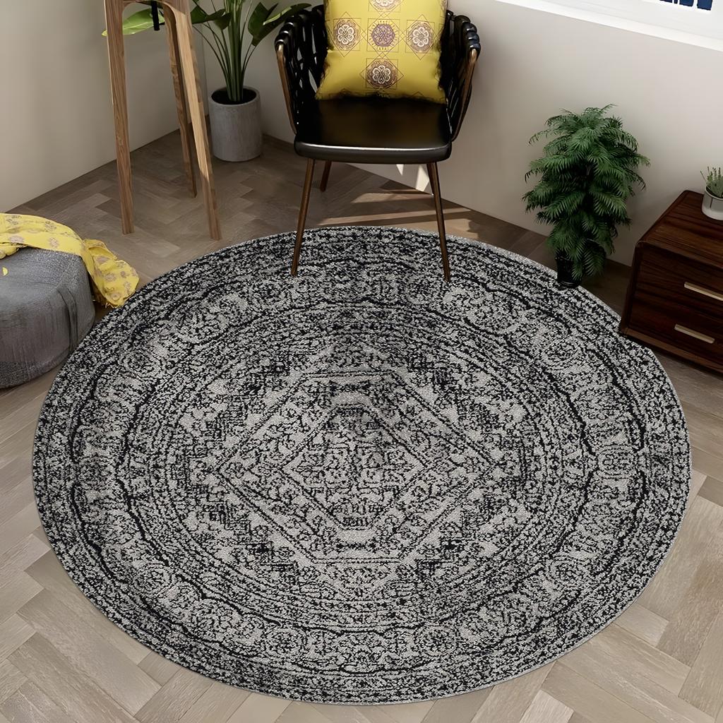 Classic Black White Round Area Rug with Geometric Design Perfect for Living Room or Bedroom Decor