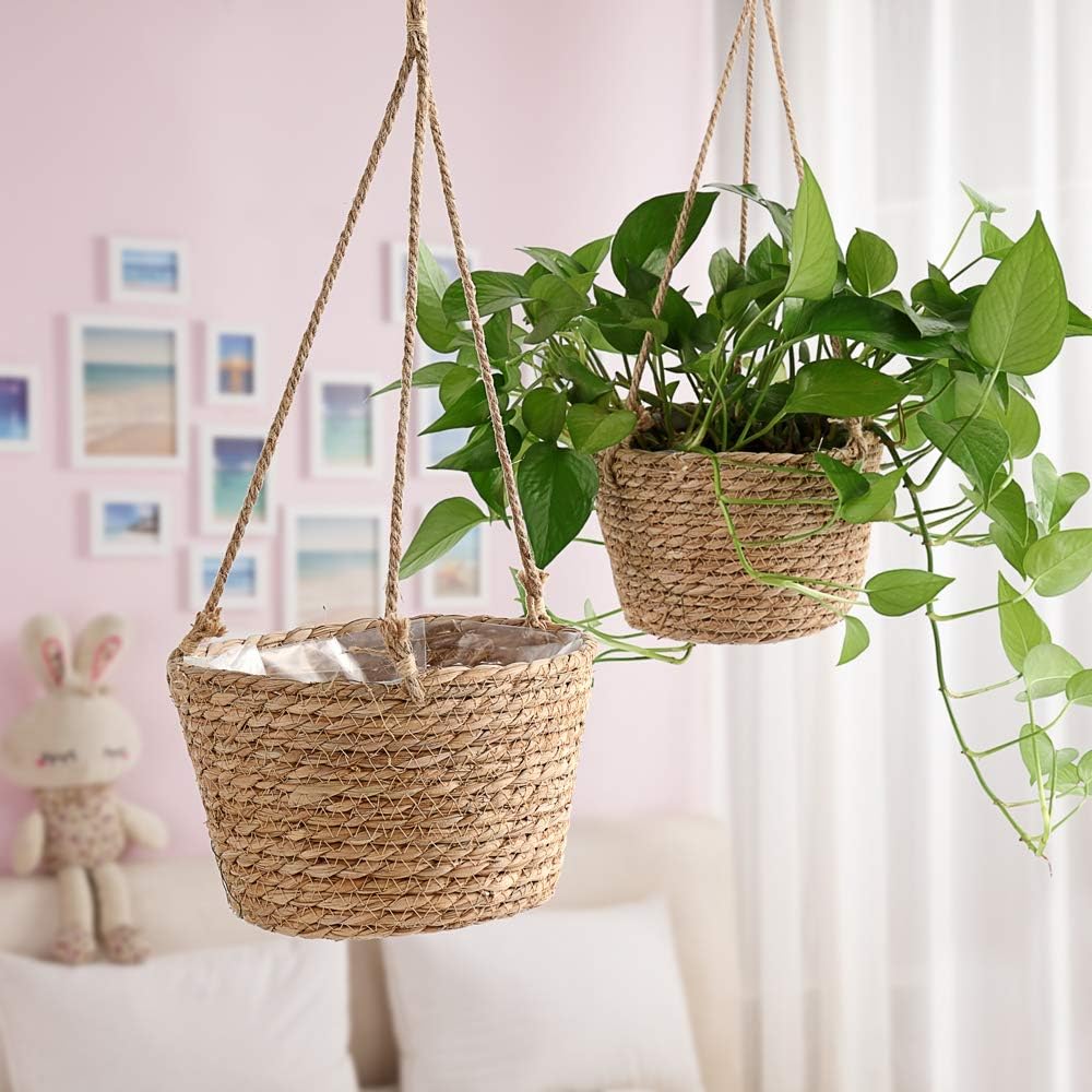 WYSRJ 8inch Jute Rope Hanging Planter Woven Plant Basket Macrame Plant Hangers Plant Holder Basket Decorative Storage Baskets for Plants Pots Home