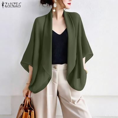 Women Turn Down Collar Loose Casual 3/4 Sleeve Cardigan Cover Ups