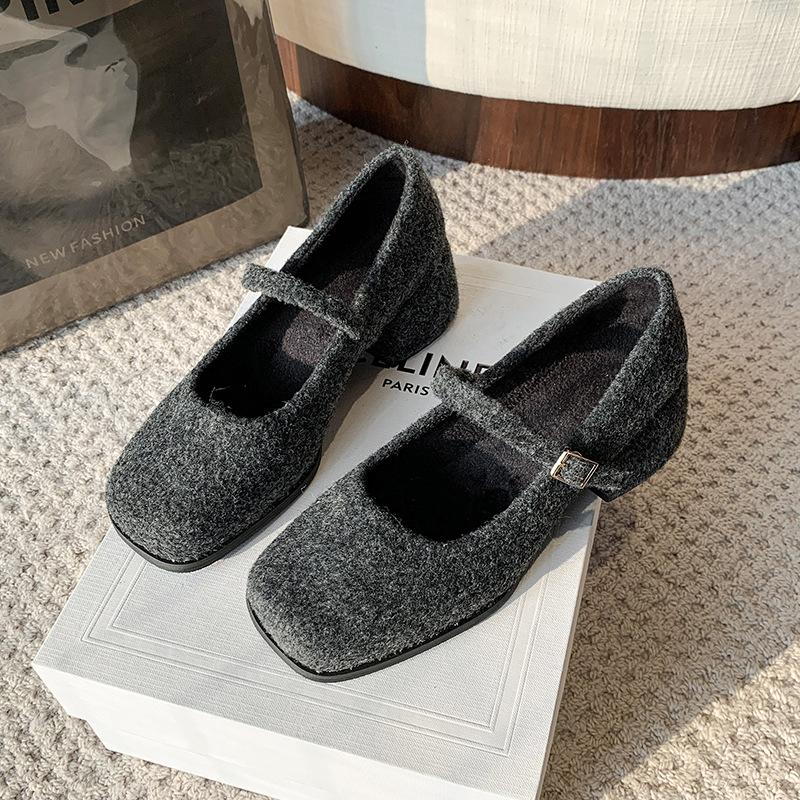 Women's thick heels, high heels, gray Mary Jane single shoes, new square head, fluffy woolen commute