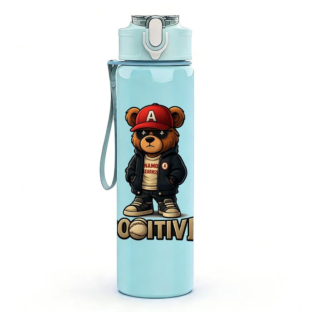 1PC Bear Prison Inmate Cartoon Print 750ml Color Plastic Sports Water Bottle Leakproof Flip Straw Lid Suitable for Sports Office Home Use