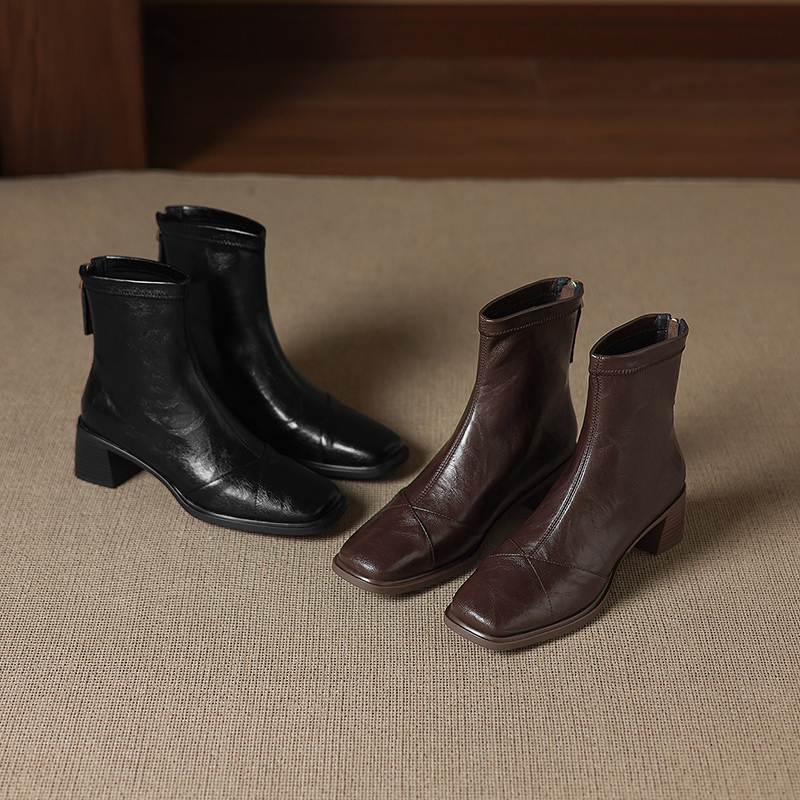 Krazing Pot Microfiber Square Toe Thick Heels Chelsea Boots Size 42 Zip Women Concise Style Elastic Ankle Boots