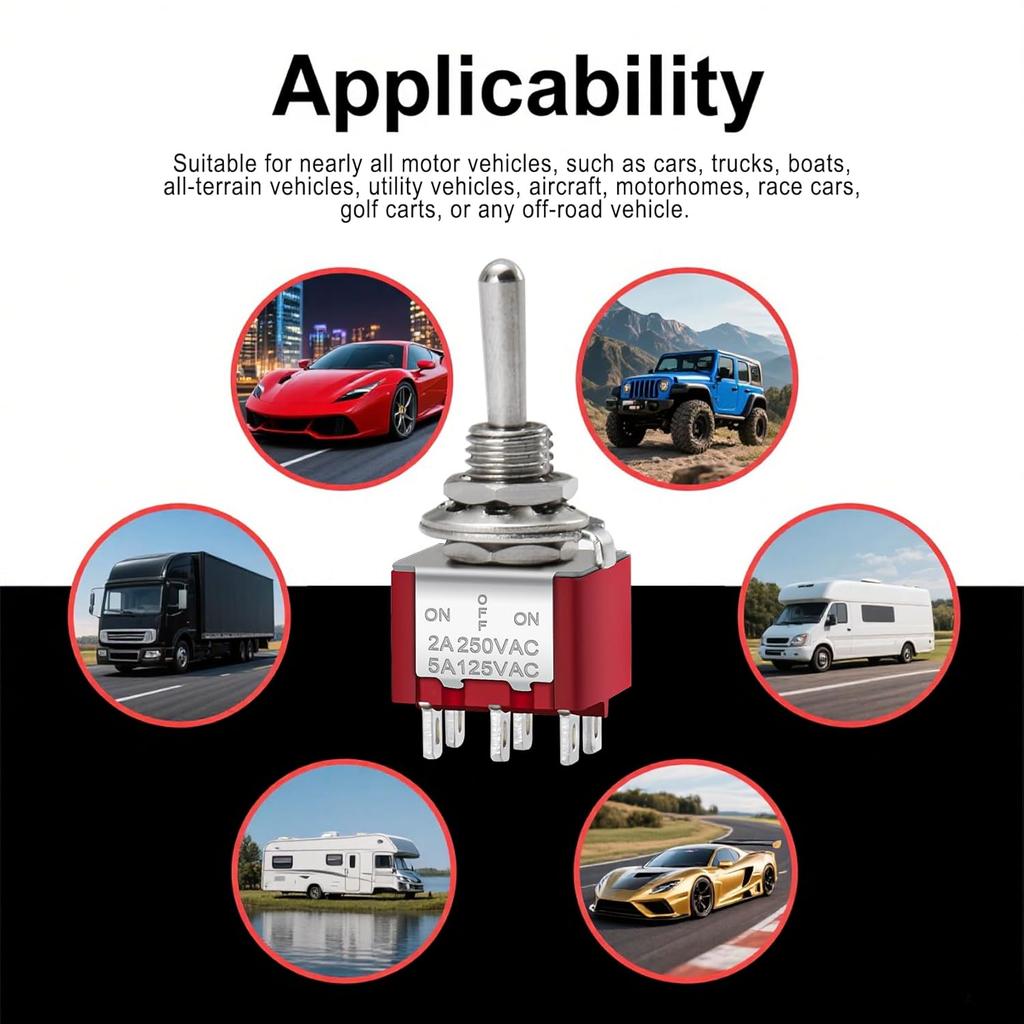 Heschen Mini Toggle Switch, MTS-223, (ON)-Off-(ON) Momentary Type, DPDT, 6 Pin, 2A 250V, 6A 125V, Pack of 5