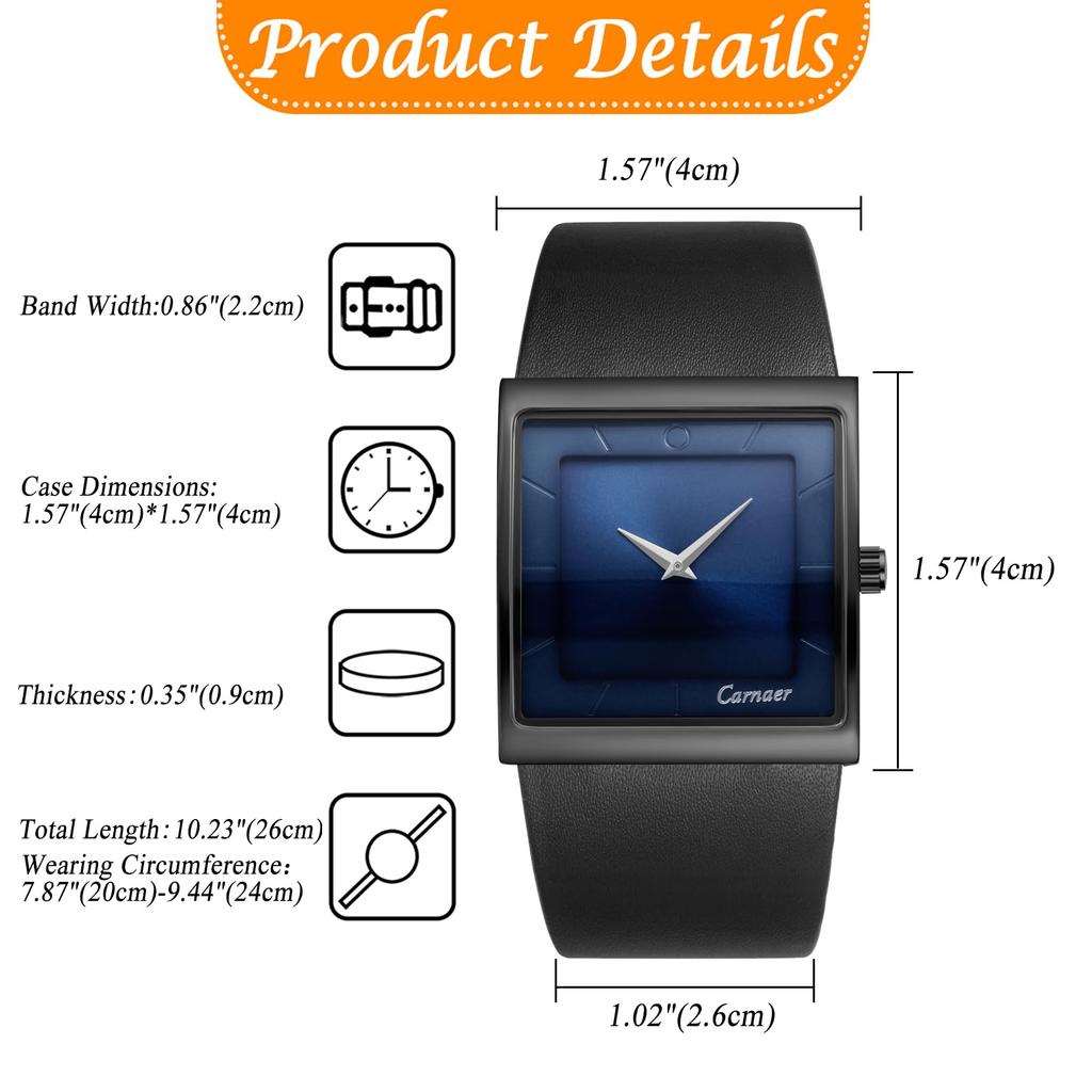 Men's Square Watch with Genuine Leather Strap, 3ATM Water Resistance: Analog Display, Calendar, Japanese Quartz Movement, Leisure, Business, Stylish