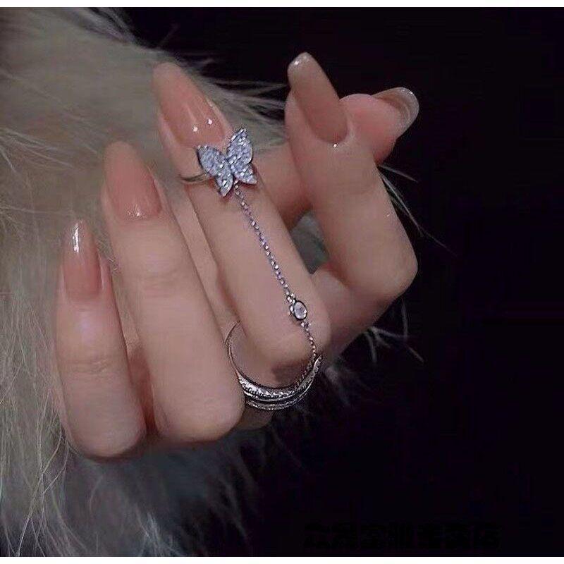 Butterfly Rhinestone Double-Finger Tassel Ring - Women's Unique Chain Design