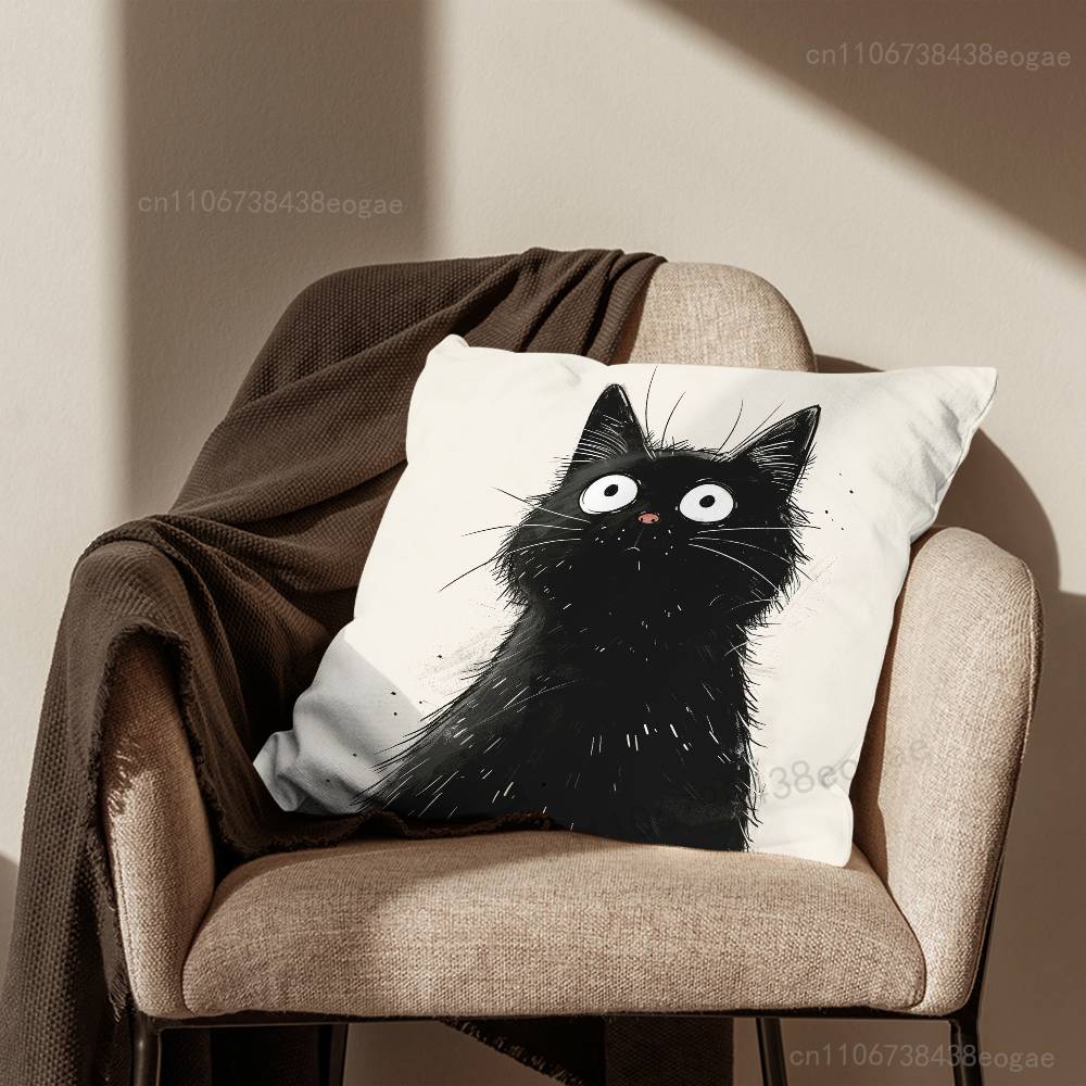 Tecknad Svart Katt Kuddfodral för Soffa i Vardagsrummet För Hem- och Sovrumsinredning och Skydd