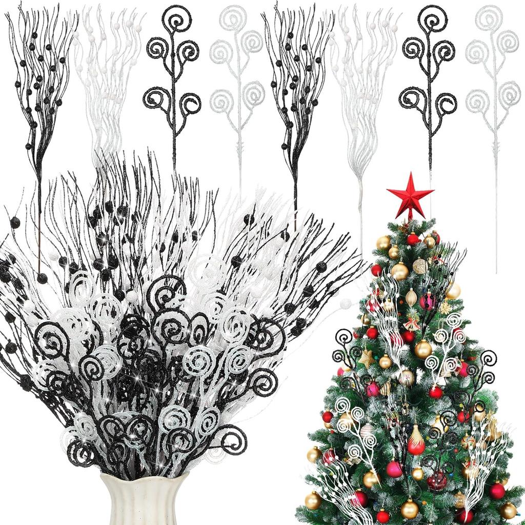 36 Pcs Black White Christmas Tree Picks, 17'' & 12'' Glitter Berry Branches for Wreath, Vase, Home Decor