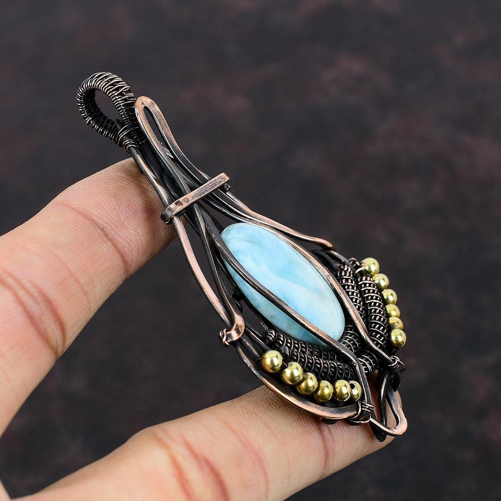Larimar Anhänger Kupferdraht gewickelter Anhänger Edelsteinanhänger Einzigartiger Kupferschmuck Handgefertigter Designeranhänger Larimar Schmuck Geschenk für Mutter