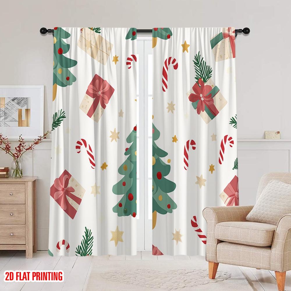 2pcs,2D Plane Printing Contemporary Curtains Christmas Tree Candy Cane Stars (2) Polyester (without Rod) Decorations Inside