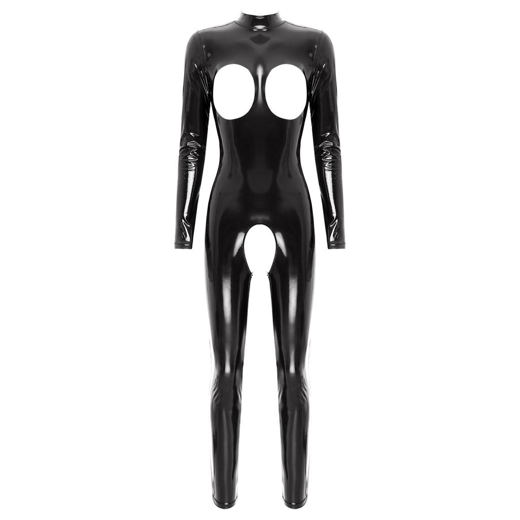 Damski seksowny metaliczny, lateksowy kombinezon trykotowy z wycięciem z długim rękawem, bielizną, obcisły kombinezon