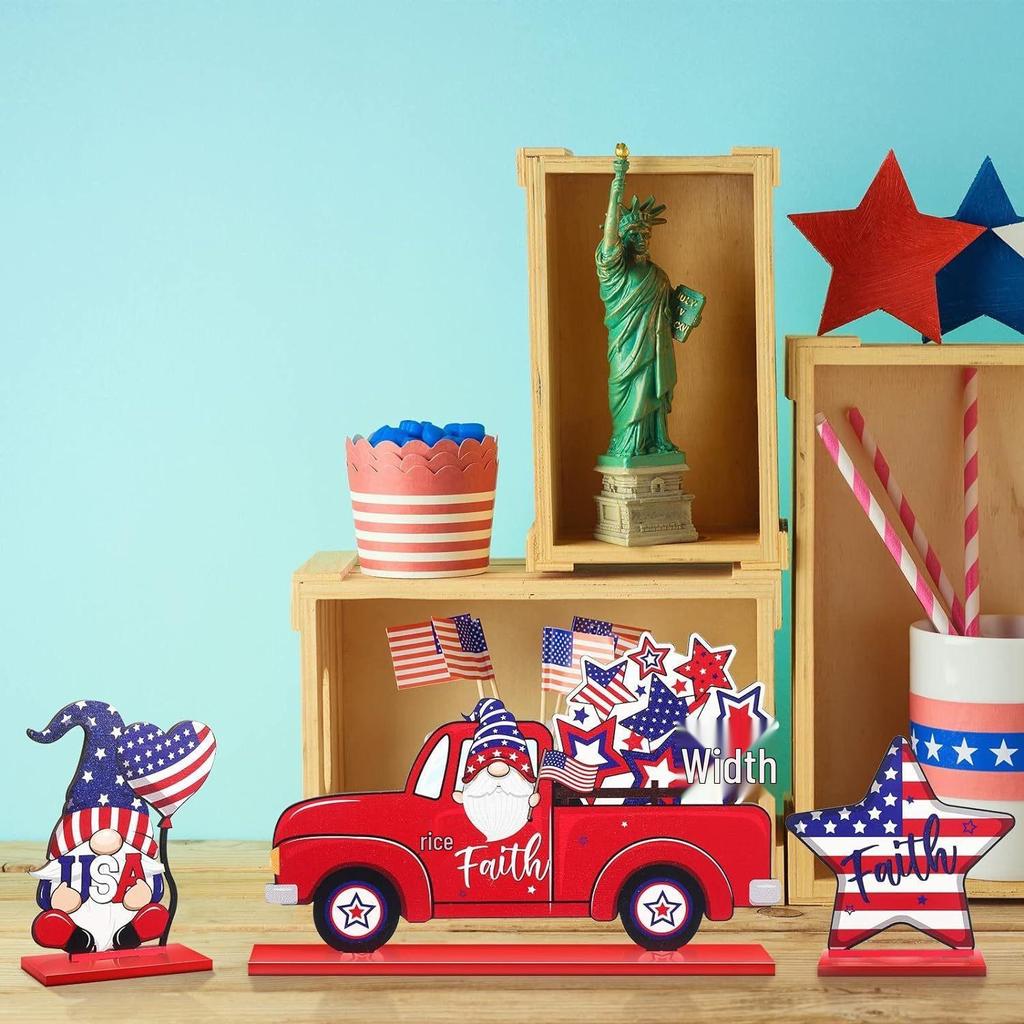 Festive Wooden Desktop Ornament with Five-Pointed Star and National Flag Design