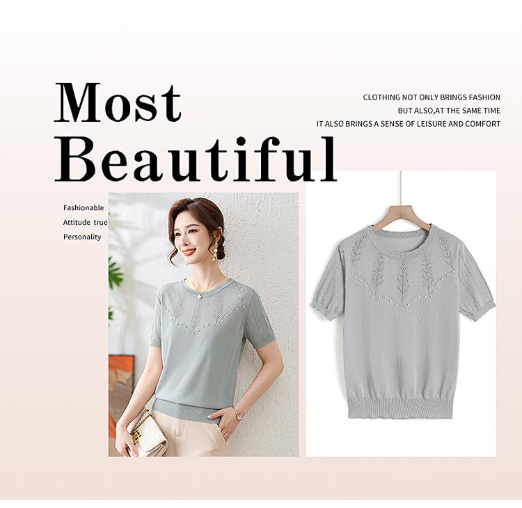 2026 Summer Ice Silk T-Shirt: Fashionable Loose Knit Short Sleeve for Middle-Aged Women