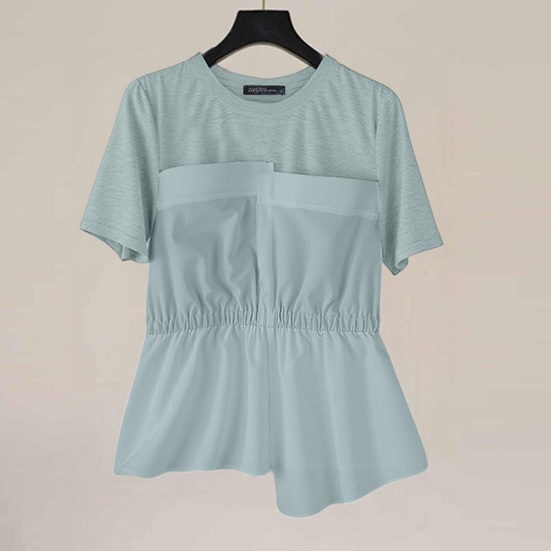 

ZANZEA Женские повседневные футболки с круглым вырезом, коротким рукавом, пэчворком и неровным низом 5XL синий